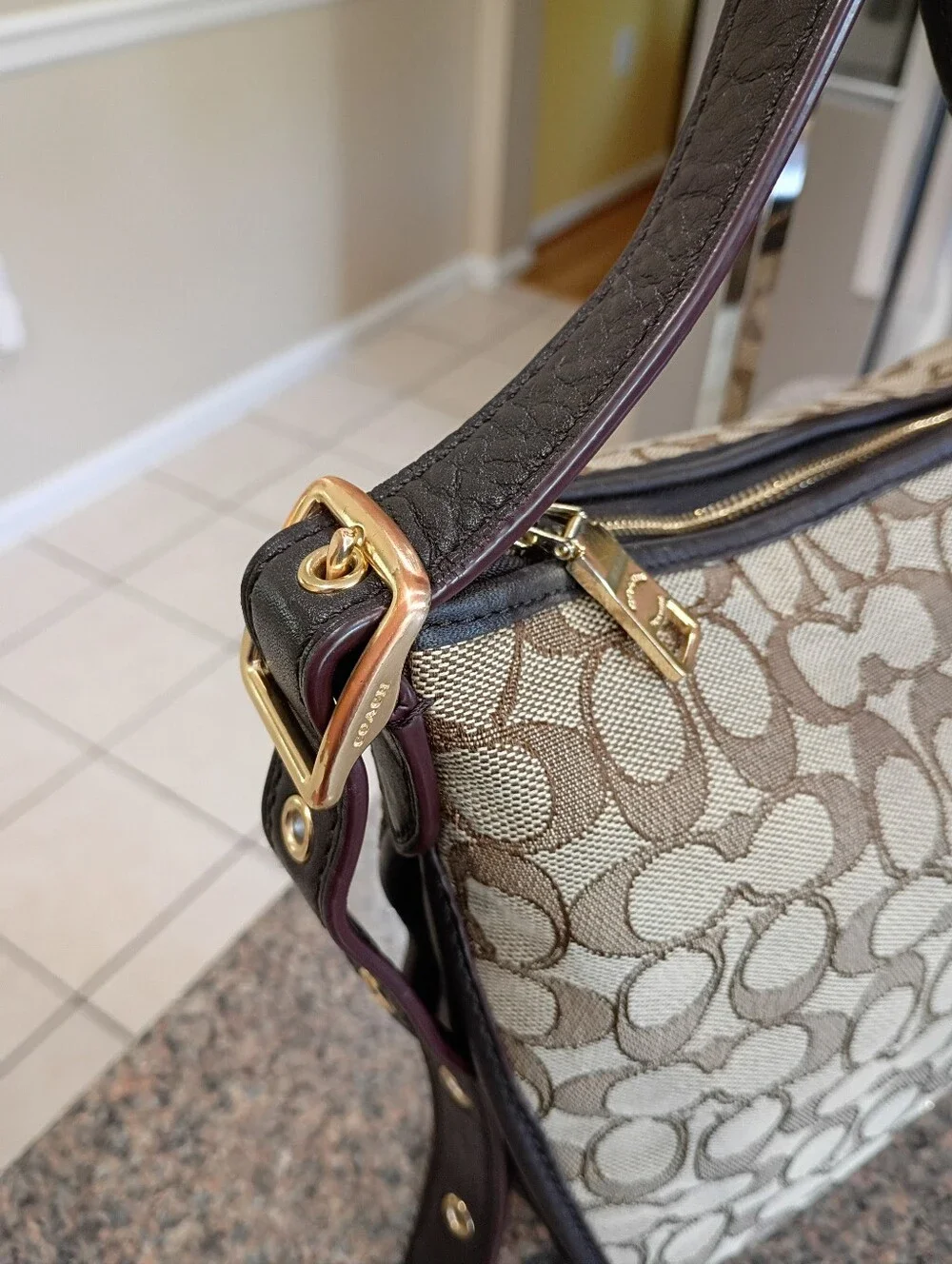 Coach Khaki and Brown Signature Canvas Shoulder Bag